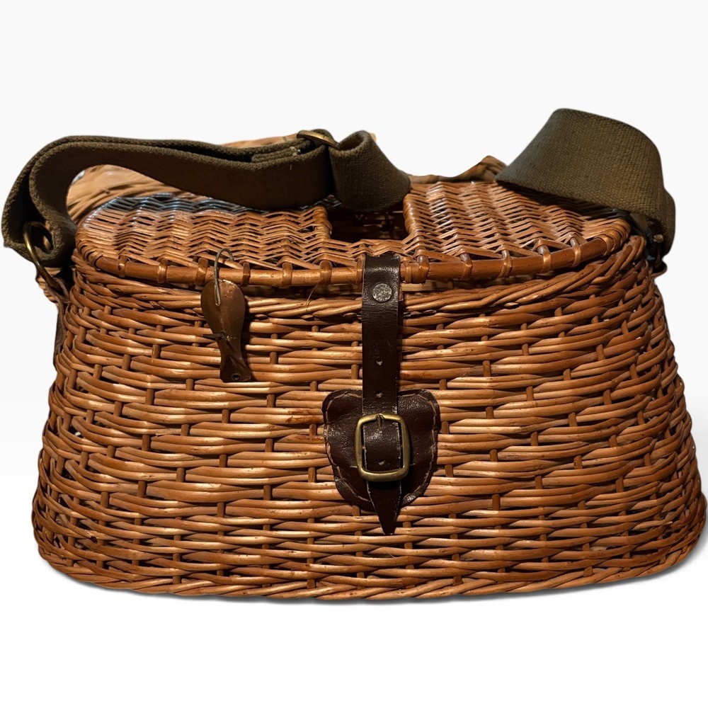 Vintage Wicker Fishing Creel Basket Leather Buckle Canvas Strap Woven Willow